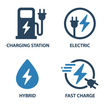 Vector of electric vehicle charging icons including a charging station and fast charge symbol