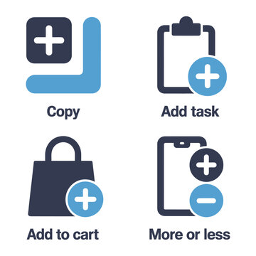 Vector of four icons for copy, add task, add to cart, and more or less.