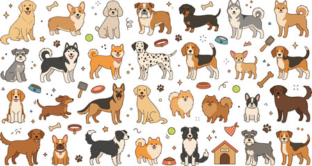 Large Vector Set of Diverse Dog Breeds and Pet Accessories Featuring Golden Retriever Corgi Husky and Puppy Icons for Pet Shop Branding and Care © Sajjad