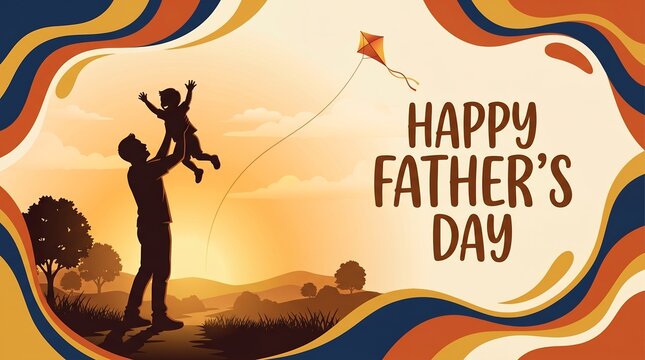 Silhouette of father lifting child playing with a kite at sunset, celebrating father's day with a warm and loving family moment against a sky, fathers day