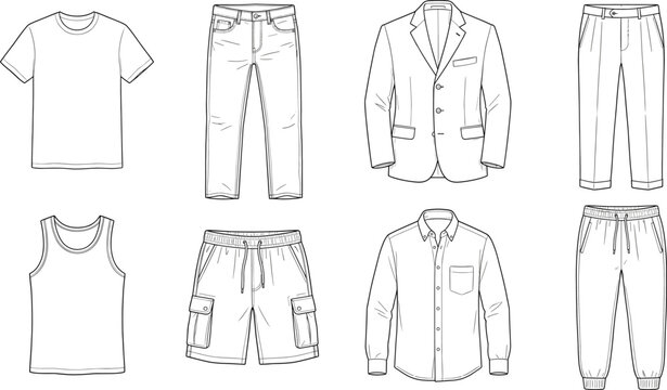 Men fashion apparel clothing technical sketch set with vector outline mockup garments isolated on a white background
