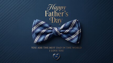 Blue speckled bow tie on a deep blue textured background with elegant gold foil 'happy father's day' text fathers day flat lay dark blue celebration