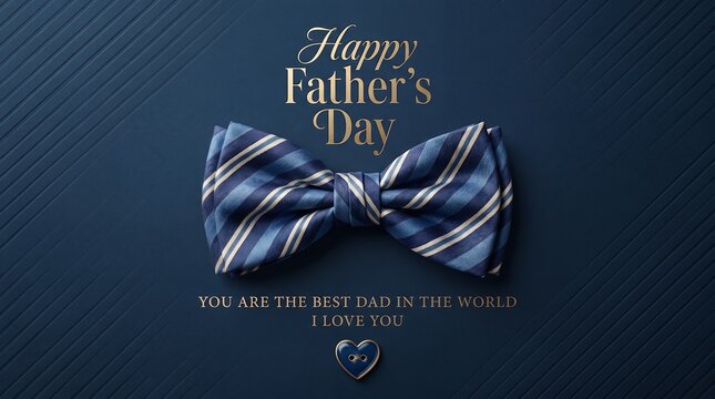 Blue speckled bow tie on a deep blue textured background with elegant gold foil 'happy father's day' text fathers day flat lay dark blue celebration