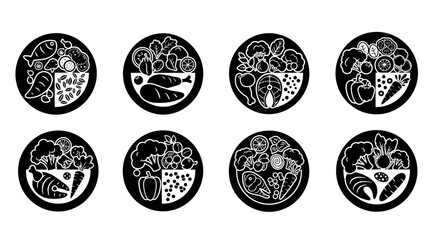 Healthy Food Icons Set: Fish, Shrimp, Vegetables, Fruits, Meat