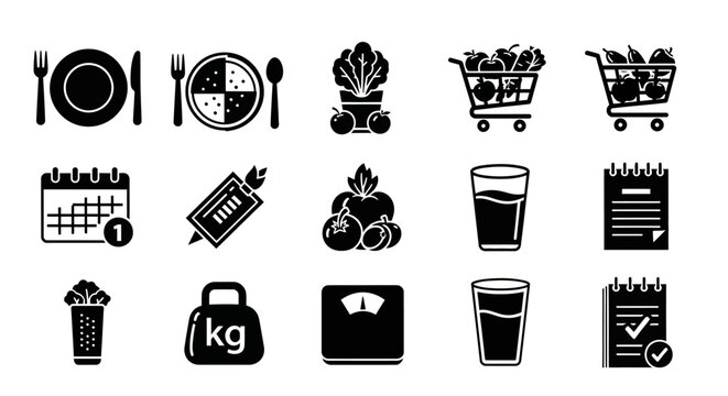 Healthy Lifestyle Icons: Diet, Fitness, Nutrition, Shopping, Planning
