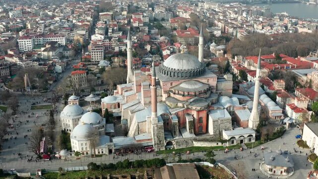 Hagia Sophia Mosque Close Aerial Orbit in Historic Istanbul