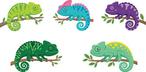 Fototapeta premium Cartoon chameleon character set with cute colorful lizards sitting on tree branches isolated on white background