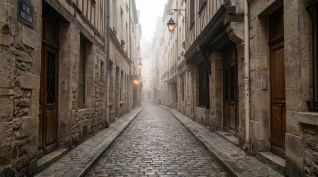 A serene view of Rue Rollin in the 5th district of Paris showing a historic medieval lane with ancient stone walls and cobblestone streets in a misty atmosphere perfect for travel photography.