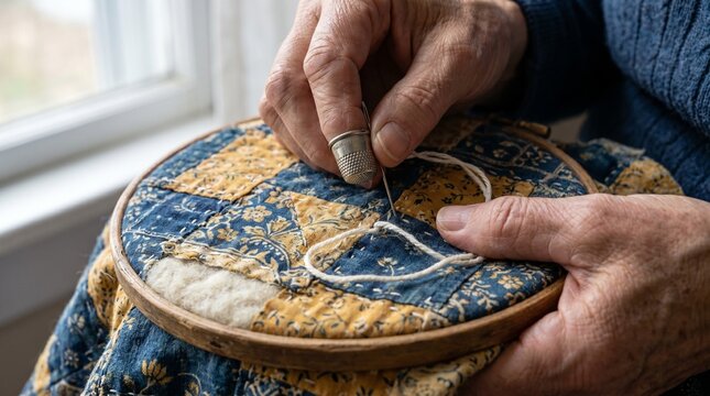 Elderly hands sewing a traditional quilt, using a needle and thimble within an embroidery hoop. Soft natural light from a window highlights the intricate handiwork.