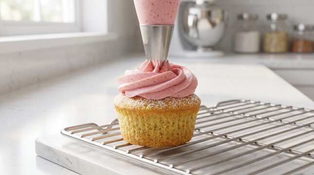 Pink strawberry buttercream is piped onto a vanilla cupcake using a metal tip and piping bag. The freshly baked dessert sits on a cooling rack in a bright kitchen.