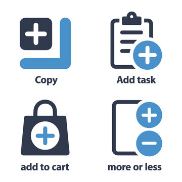 Vector showcasing icons for copying, adding tasks, adding to cart, and adjusting quantities.