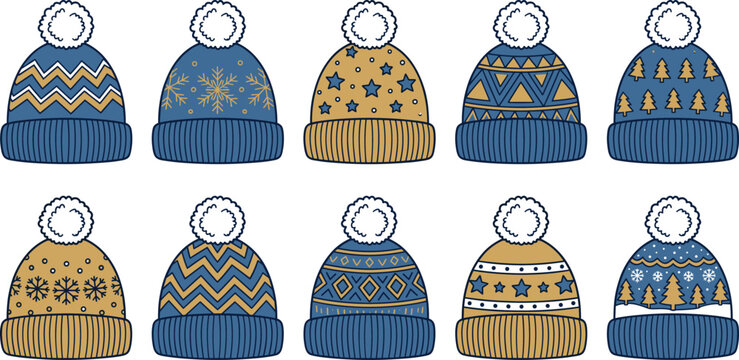 Winter knit beanie hats vector set with fluffy pompom featuring snowflakes stars and geometric patterns isolated on white