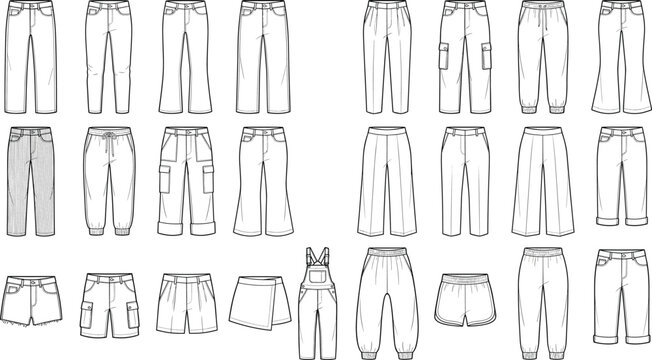 Women pants trousers and denim shorts fashion technical sketch collection with vector flat sketches isolated on white