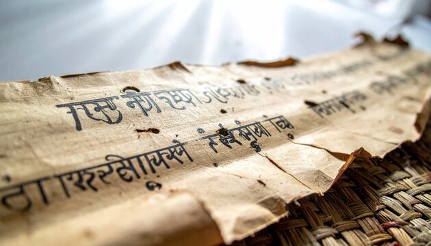 Ancient Sanskrit script on a delicate, brittle palm leaf manuscript, showcasing intricate historical writings and cultural heritage.