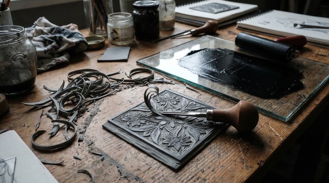 Linocut carving tools and a detailed floral linoleum block are on a rustic wooden workbench. Traditional printmaking craft, creative hobby.
