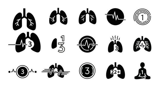 Lung Health Icons: Breathing, Heartbeat, Yoga, Numbers, Medical Symbols