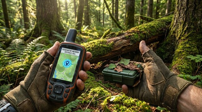 Gloved hands holding a GPS device displaying a geocache location, finding a hidden container. Verdant forest floor, mossy logs, bright sunbeams.