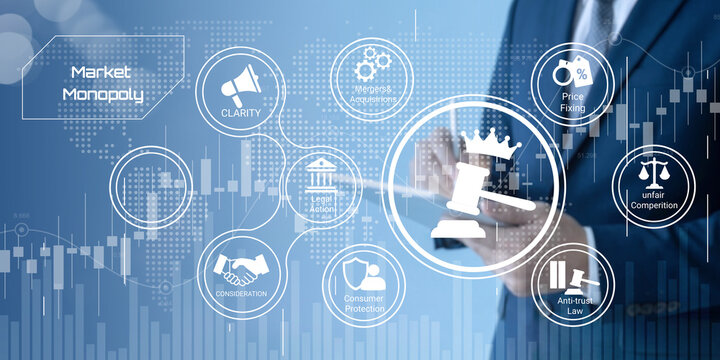 Business professional analyzing market monopoly factors with digital chess king symbolizing control and competition elements