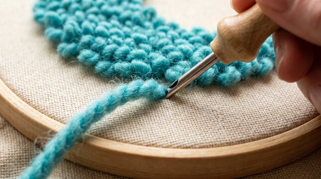 A hand is holding a punch needle tool, creating textured loops with bright turquoise yarn on a fabric stretched in an embroidery hoop. Focus on a relaxing and creative hobby.
