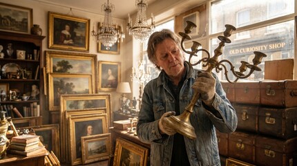 Naklejka premium Mature man wearing a denim jacket and gloves, inspecting an antique brass candelabra. Inside a cluttered old curiosity shop with paintings and chandeliers.