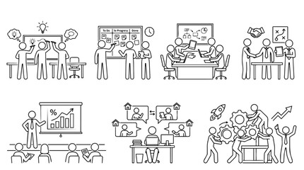Obraz premium Business teamwork and project management stick figures set