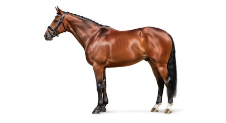Fototapeta premium Beautiful Bay Horse Standing in Profile Isolated on White Background - Equestrian Sport and Breeding Concept