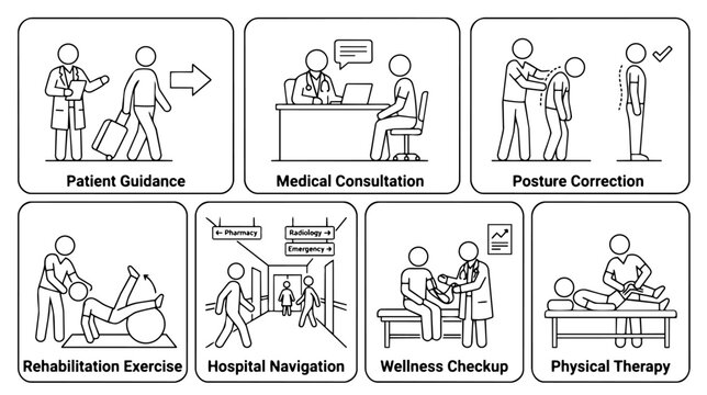 Medical Healthcare Services Line Icon Sheet with Patient Care and Therapy