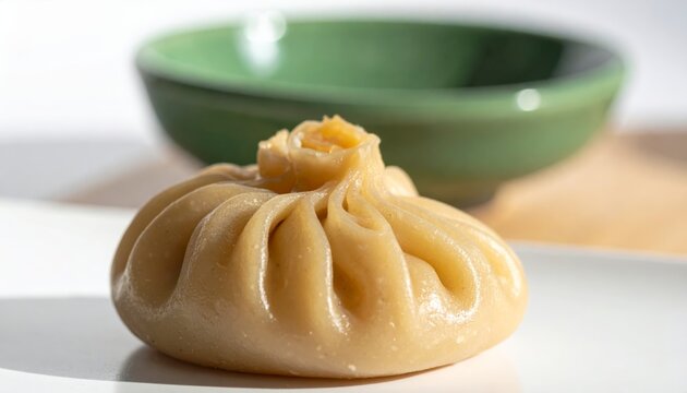A single, perfectly formed siu mai dumpling close up shot highlighting its intricate pleats and savory filling, ready to be enjoyed.