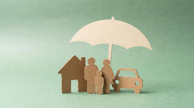 Cardboard cutouts of a family, a house, and a car standing together under a large paper umbrella against a soft green background, symbolizing protection