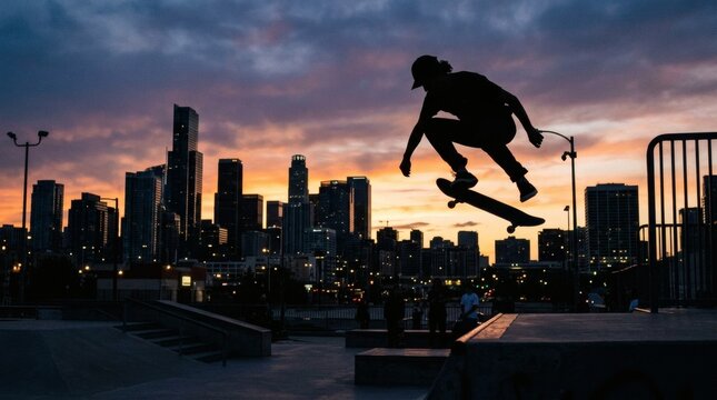 City skyline framing a skateboard silhouette representing modern street culture, movement, and athletic creativity