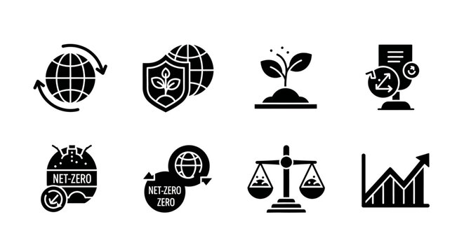 Net Zero Icons: Earth, Growth, Shield, Balance, Graph, Sustainability