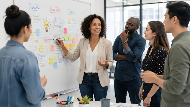 Dynamic woman facilitating innovation workshop with diverse creative team