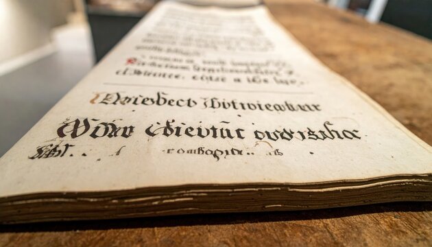 Close up of an ancient vellum codex page with illuminated initial and handwritten script