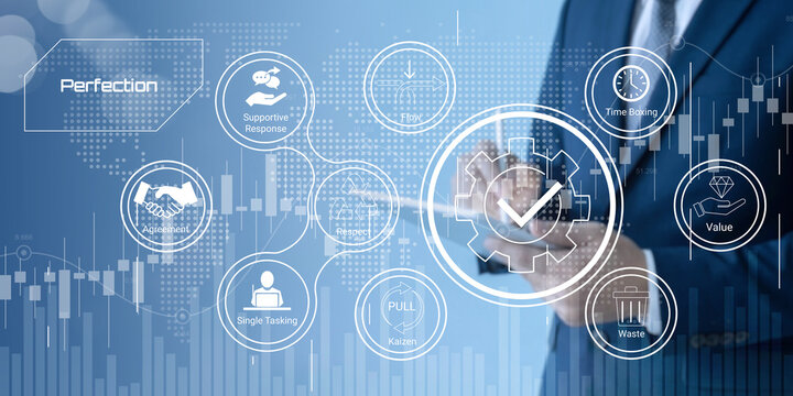 Business professional using digital interface showcasing lean management principles and productivity concepts with icons