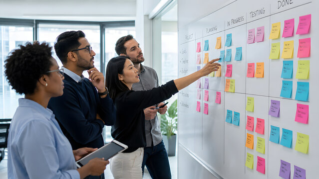 Diverse team planning and organizing project timeline on whiteboard
