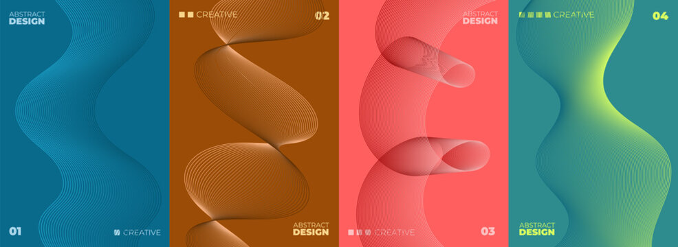 Modern abstract poster designs with flowing dark lines on rich saturated backdrop.