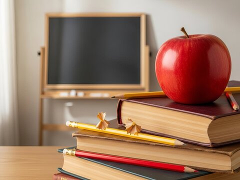 Apple on vintage crt monitor and open books