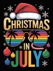 Fototapeta premium a Santa hat and sunglasses with palm tree reflections, surrounded by colorful ornaments and snowflakes. The words 'Christmas in July'