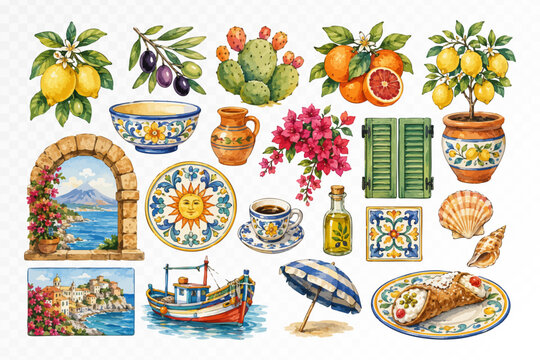 Mediterranean summer watercolor clipart collection with lemons, olives, cactus, oranges, pottery, shutters, boat, cannoli, shells and coastal travel icons.