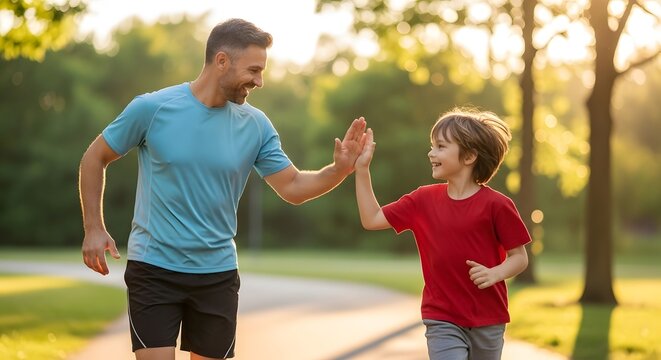 Celebrating father's day active dad and son high five during outdoor run in park