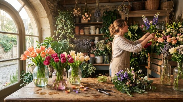 Title: Florist arranging flowers in a sunlit flower shop

