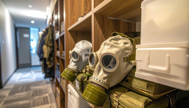 Gas masks in protective cases stored in a hallway closet for emergency preparedness