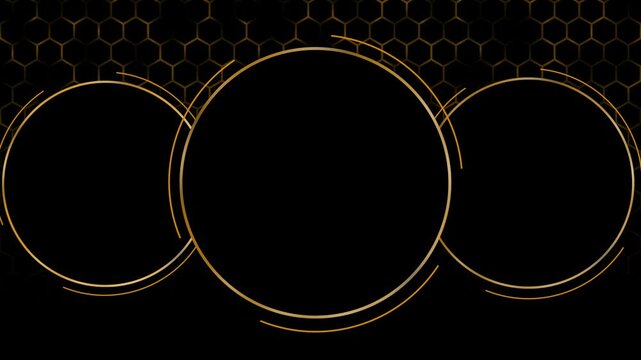 Black gold hexagon HUD background honey pattern, circular rings, glowing outlines, dark tech layout. luxury technology videos, crypto intros, business promos, futuristic titles, and premium overlays