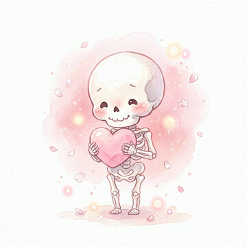 A cute cartoon skeleton holds a pink heart, surrounded by soft pink watercolor splashes and light particles.