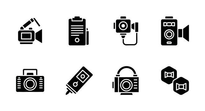 Set of Camera Icons: Video Cameras, Action Cams, and Accessories