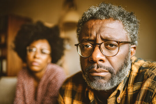 A man with glasses looks seriously at the camera, with a woman blurred in the background in a cozy indoor setting.