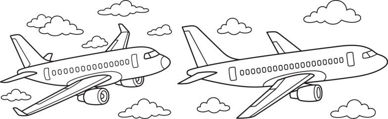 Naklejka premium Two outline airplanes flying in the sky with clouds landing gear airline industry air travel airplane aircraft aviation