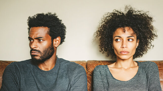 A couple sits side by side, looking away from each other with serious, distant expressions, suggesting tension or disagreement.