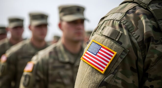 Us military personnel in camouflage uniforms with american flag patch