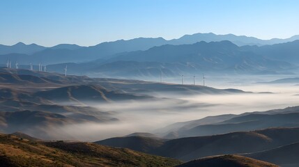 Fototapeta premium An expansive view of layered mountains shrouded in atmospheric haze and blue morning light